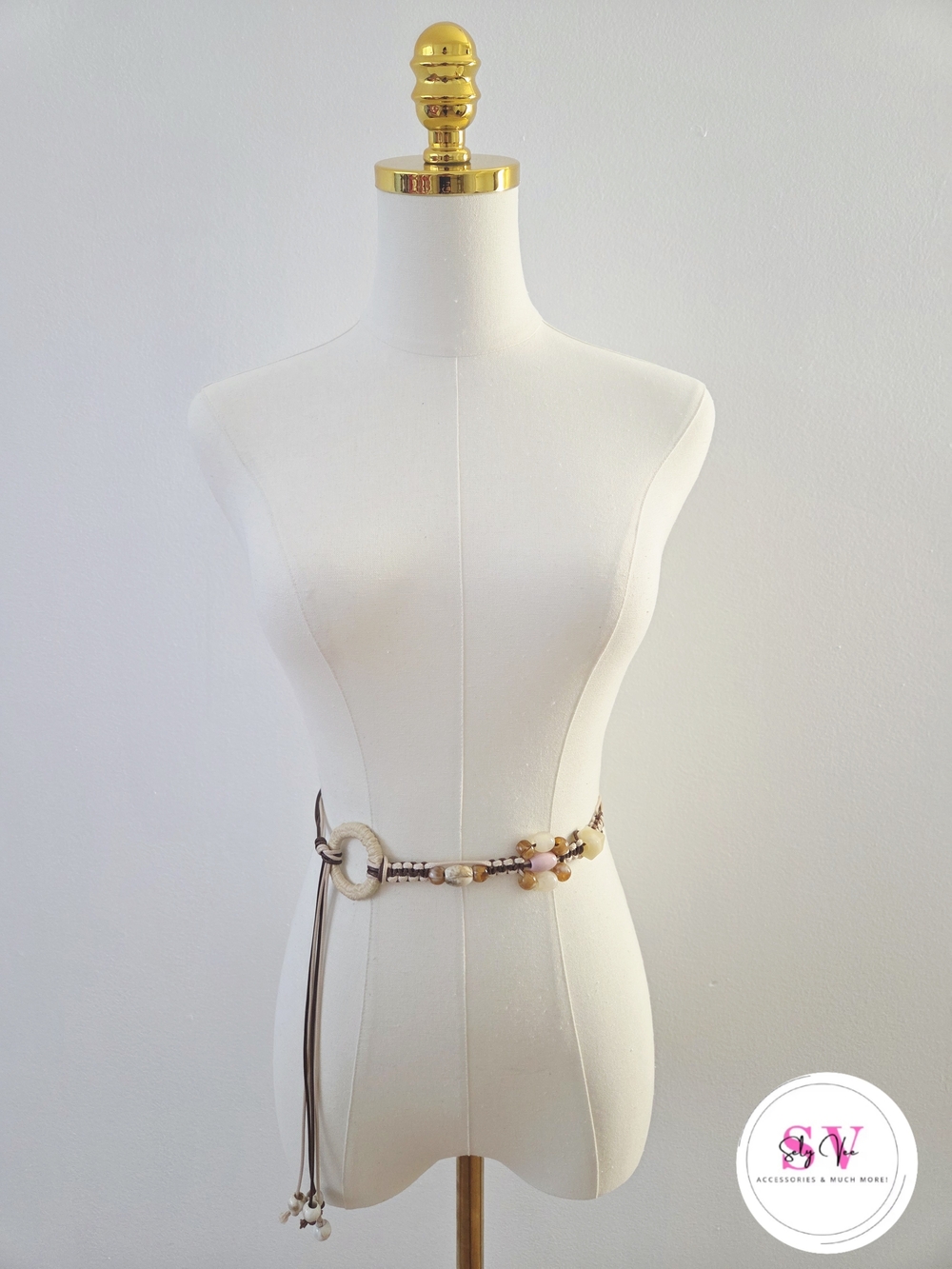 Brown & cream beaded belt with adjustable buckle and tassels